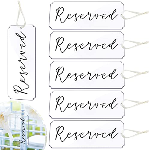 6 Pieces Reserved Signs for Wedding Chairs Acrylic Tag Reserved Signs Hanging Reserved Signs with Ribbon for Wedding Important Events Church Pews Chair and Restaurant (Black Lettering)