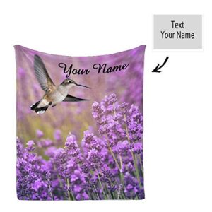 CUXWEOT Custom Blanket with Name Text,Personalized Hummingbird Bird Purple Super Soft Fleece Throw Blanket for Couch Sofa Bed (50 X 60 inches)