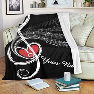 CUXWEOT Custom Blanket with Name Text,Personalized Treble Love Music Note Super Soft Fleece Throw Blanket for Couch Sofa Bed (50 X 60 inches)