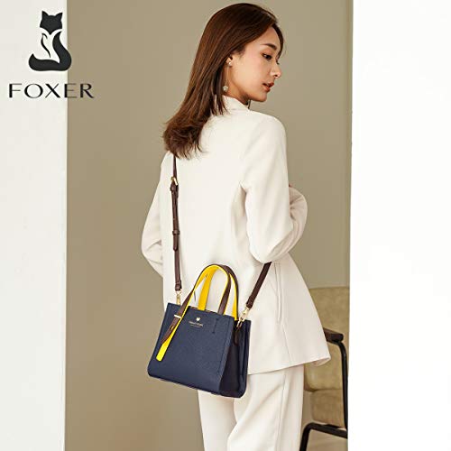 FOXER Small Satchel Handbags for Women, Genuine Leather Ladies Top-handle Bags with Adjustable Shoulder Strap Womens Real Leather Crossbody Bags Women's Casual Mini Purses and Handbags (Dark Blue)