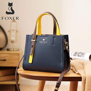 FOXER Small Satchel Handbags for Women, Genuine Leather Ladies Top-handle Bags with Adjustable Shoulder Strap Womens Real Leather Crossbody Bags Women's Casual Mini Purses and Handbags (Dark Blue)