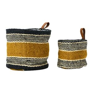 main + mesa woven jute baskets with liner, black/mustard, set of 2 sizes