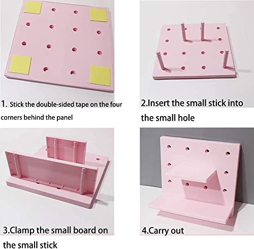 HGYZE Peg Boards for Walls with Shelf & Hooks, No Punching Craft Room Storage for Bedroom Garage Living Room Office, Pegboard Ledges Organizer, 4 Pack Decorative Wall Panel Kits - 22cm Square (Pink)