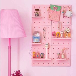 HGYZE Peg Boards for Walls with Shelf & Hooks, No Punching Craft Room Storage for Bedroom Garage Living Room Office, Pegboard Ledges Organizer, 4 Pack Decorative Wall Panel Kits - 22cm Square (Pink)