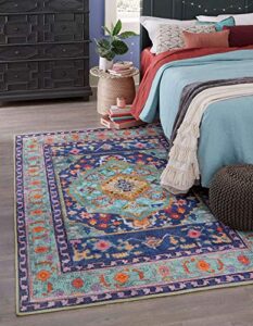 unique loom revival collection traditional medallion border blue/teal area rug (7′ 6 x 10′ 6)