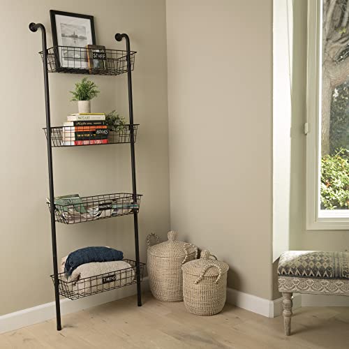 Bee Home Industrial Style Iron Wall Mounted Basket Organizer Storage Shelf, 4 Baskets, with Chalkboard Labels