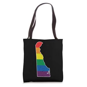 Gay Pride Flag - Delaware State Map - Rainbow Stripes Tote Bag