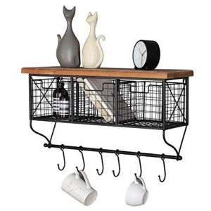 ctystallove industrial wall mounted metal wood shelf with baskets hooks hanging storage rack display shelf sundries holder for coffee bar kitchen office bathroom organization and home decor, black