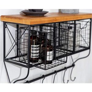 Ctystallove Industrial Wall Mounted Metal Wood Shelf with Baskets Hooks Hanging Storage Rack Display Shelf Sundries Holder for Coffee Bar Kitchen Office Bathroom Organization and Home Decor, Black