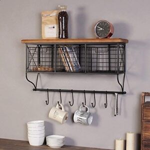 Ctystallove Industrial Wall Mounted Metal Wood Shelf with Baskets Hooks Hanging Storage Rack Display Shelf Sundries Holder for Coffee Bar Kitchen Office Bathroom Organization and Home Decor, Black