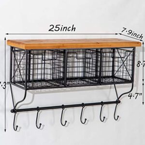 Ctystallove Industrial Wall Mounted Metal Wood Shelf with Baskets Hooks Hanging Storage Rack Display Shelf Sundries Holder for Coffee Bar Kitchen Office Bathroom Organization and Home Decor, Black