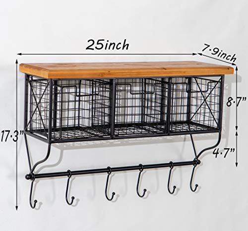 Ctystallove Industrial Wall Mounted Metal Wood Shelf with Baskets Hooks Hanging Storage Rack Display Shelf Sundries Holder for Coffee Bar Kitchen Office Bathroom Organization and Home Decor, Black