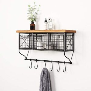 Ctystallove Industrial Wall Mounted Metal Wood Shelf with Baskets Hooks Hanging Storage Rack Display Shelf Sundries Holder for Coffee Bar Kitchen Office Bathroom Organization and Home Decor, Black