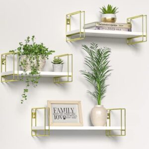 j jackcube design white wood floating shelves, set of 3 wall mounted hanging shelves with gold wire frames for bedroom. living room, kitchen, bathroom and office – mk696c