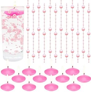 pink floating candles for centerpieces vases set – 12 dripless wax burning candles small unscented floating candles + 10 artificial pearl string (40 inch) for weddings, party and home decorations