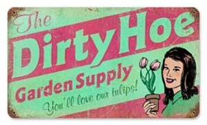 retro dirty hoe garden supply metal tin sign vintage coffee wall coffee bar decor 8×12 inch tin sign wall decoration