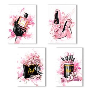 Women Fashion Canvas Wall Art ,Pink Bedroom Wall Decor, Perfume Modern Art Posters，Fashion High Heels, Makeup Brush, , Girls Room Decor, Black and Pink Fashion Poster