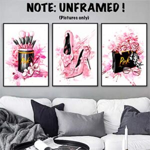 Women Fashion Canvas Wall Art ,Pink Bedroom Wall Decor, Perfume Modern Art Posters，Fashion High Heels, Makeup Brush, , Girls Room Decor, Black and Pink Fashion Poster