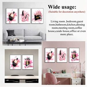 Women Fashion Canvas Wall Art ,Pink Bedroom Wall Decor, Perfume Modern Art Posters，Fashion High Heels, Makeup Brush, , Girls Room Decor, Black and Pink Fashion Poster