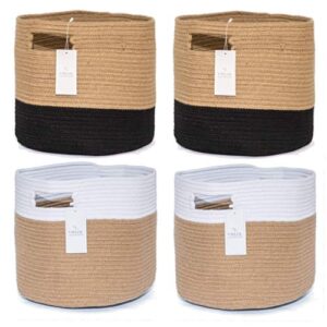 chloe and cotton woven fabric cube storage baskets jute white and jute black handles | set of 4 | decorative bins containers organizers for cubes, shelves, bookcases, cubbies, organizing containers…