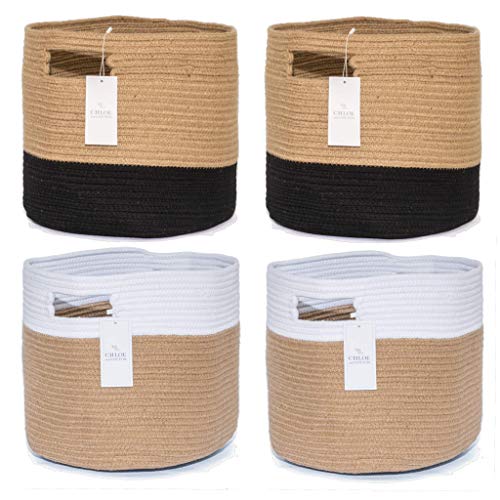 Chloe and Cotton Woven Fabric Cube Storage Baskets Jute White and Jute Black Handles | Set of 4 | Decorative Bins Containers Organizers For Cubes, Shelves, Bookcases, Cubbies, Organizing Containers…