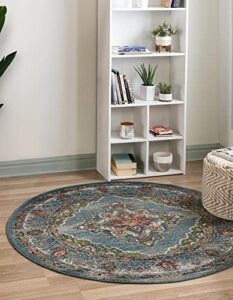 unique loom isabella collection traditional medallion blue round rug (3′ 3 x 3′ 3)