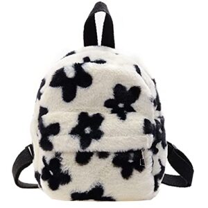 nyasay women faux plush tote bag backpack, preppy style flowers printing casual knapsack mini rucksacks, black and white, 240x210x10 mm