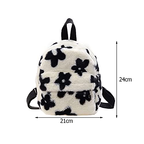 NYASAY Women Faux Plush Tote Bag Backpack, Preppy Style Flowers Printing Casual Knapsack Mini Rucksacks, Black and White, 240x210x10 mm