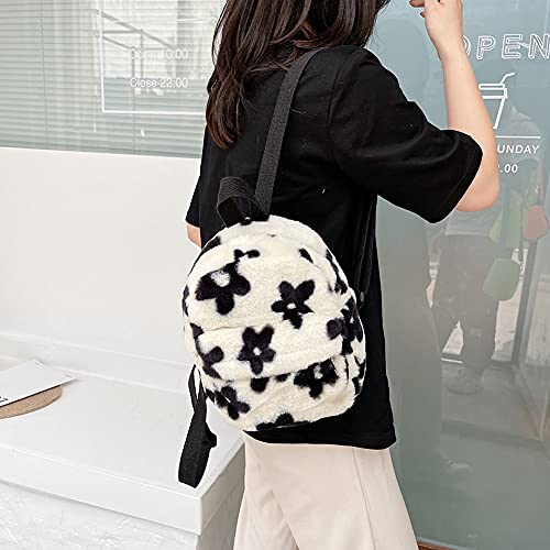 NYASAY Women Faux Plush Tote Bag Backpack, Preppy Style Flowers Printing Casual Knapsack Mini Rucksacks, Black and White, 240x210x10 mm