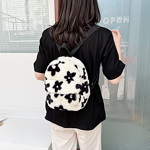 NYASAY Women Faux Plush Tote Bag Backpack, Preppy Style Flowers Printing Casual Knapsack Mini Rucksacks, Black and White, 240x210x10 mm