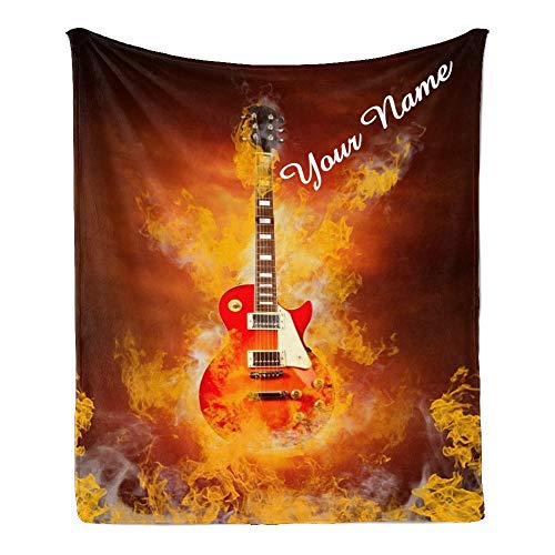 CUXWEOT Custom Blanket with Name Text,Personalized Rock Fire Guitar Super Soft Fleece Throw Blanket for Couch Sofa Bed (50 X 60 inches)