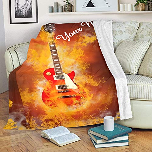 CUXWEOT Custom Blanket with Name Text,Personalized Rock Fire Guitar Super Soft Fleece Throw Blanket for Couch Sofa Bed (50 X 60 inches)