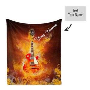 CUXWEOT Custom Blanket with Name Text,Personalized Rock Fire Guitar Super Soft Fleece Throw Blanket for Couch Sofa Bed (50 X 60 inches)