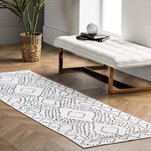 nuloom mila machine washable diamond trellis runner rug, 2′ 6″ x 8′, ivory