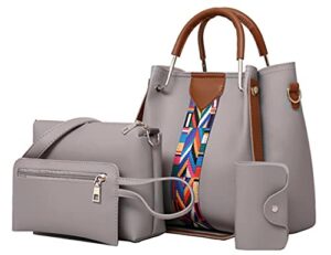 4 pack women handbag set, soft pu leather top handle bags set, tote bag, shoulder bags crossbody bag wallet purse (dark grey)