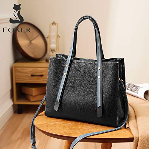 FOXER Leather Satchel Handbags for Women, Genuine Leather Ladies Top-handle Bags with Adjustable Shoulder Strap Womens Classic Crossbody Tote Purses and Handbags Medium Real Leather Carryall (Black)
