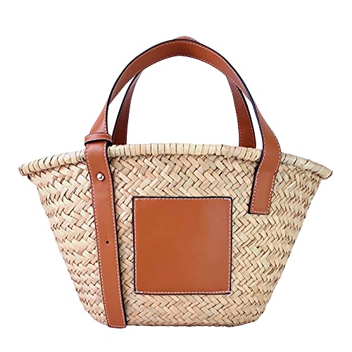 JAYAVENTURA Small Straw Basket Bag for Women PU Leather Strap Raffia Woven Tote for Summer Beach