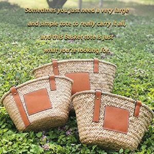 JAYAVENTURA Small Straw Basket Bag for Women PU Leather Strap Raffia Woven Tote for Summer Beach