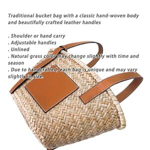 JAYAVENTURA Small Straw Basket Bag for Women PU Leather Strap Raffia Woven Tote for Summer Beach