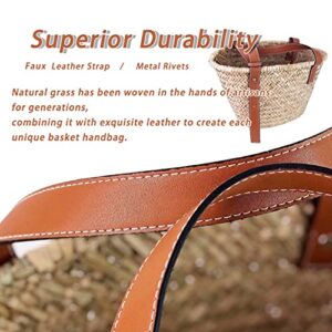 JAYAVENTURA Small Straw Basket Bag for Women PU Leather Strap Raffia Woven Tote for Summer Beach