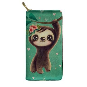 sloth printed women’s long wallet zip around pu leather phone clutch travel card holder cute animal purse