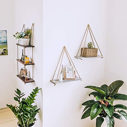 ASLINY Combo 3 Tiers Hanging Shelf and 2 Pcs Rope Shelves, Rustic White