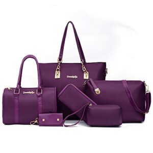 kooijnko 6pcs handbag set purse kit nylon top handle bag crossbody shoulder tote satchels clutch bag, purple