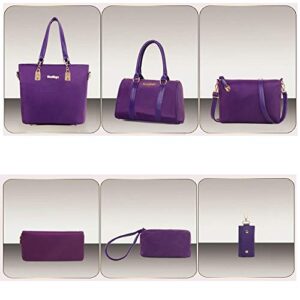 KOOIJNKO 6Pcs Handbag Set Purse Kit Nylon Top Handle Bag Crossbody Shoulder Tote Satchels Clutch Bag, Purple