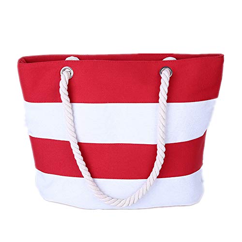 Muka Women Striped Canvas Tote Shoulder Beach Bag with Inner Zipper Pocket and Rope Handle for Travel, Shopping-Red/White