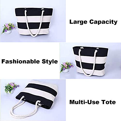 Muka Women Striped Canvas Tote Shoulder Beach Bag with Inner Zipper Pocket and Rope Handle for Travel, Shopping-Red/White