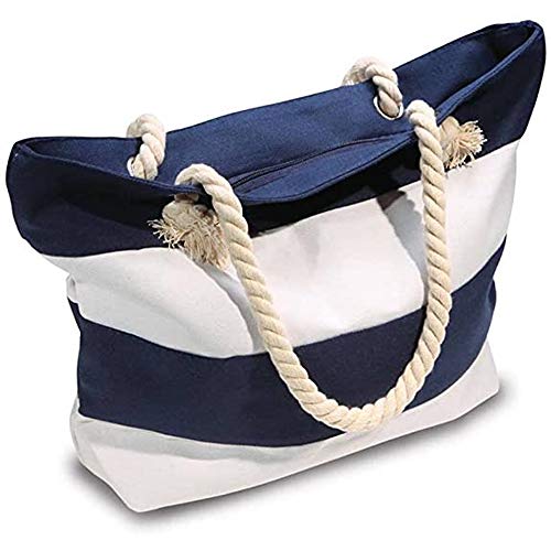 Muka Women Striped Canvas Tote Shoulder Beach Bag with Inner Zipper Pocket and Rope Handle for Travel, Shopping-Red/White