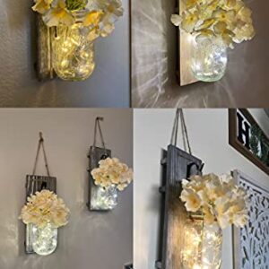 Emuardoe Mason Jar Wall Decor Rustic Wall Sconces Decorative 2 Packs LED Fairy Lights and Flowers Farmhouse Home Decor 6 Hours (Three meters, Khaki planks)