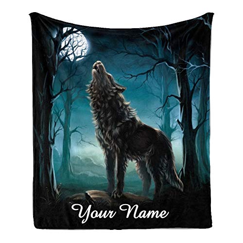 CUXWEOT Custom Blanket with Name Text,Personalized Howling Wolf Super Soft Fleece Throw Blanket for Couch Sofa Bed (50 X 60 inches)