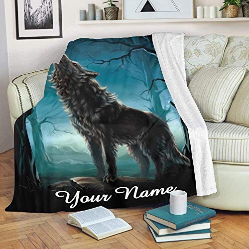 CUXWEOT Custom Blanket with Name Text,Personalized Howling Wolf Super Soft Fleece Throw Blanket for Couch Sofa Bed (50 X 60 inches)